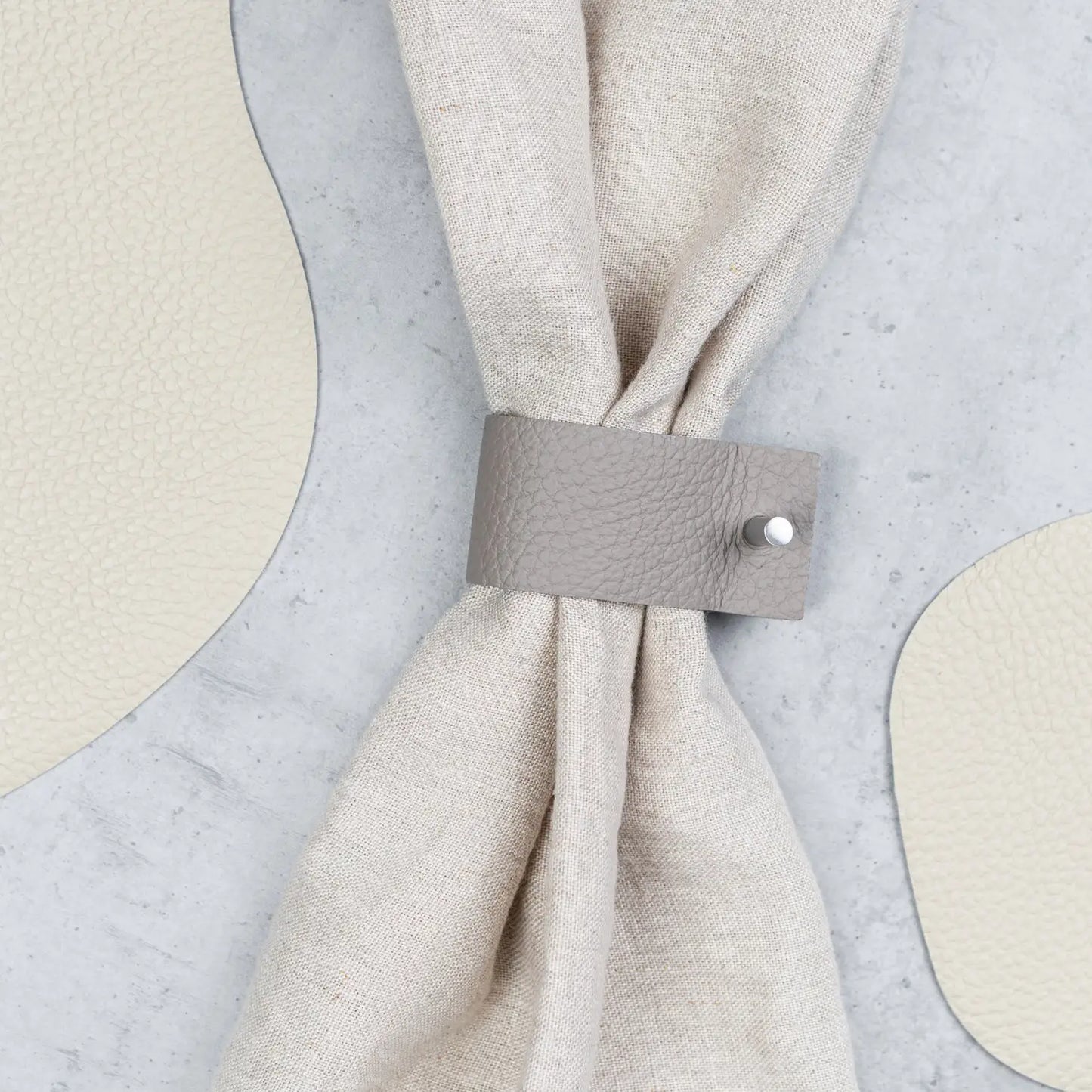 Authentic leather gray napkin ring with metal accent