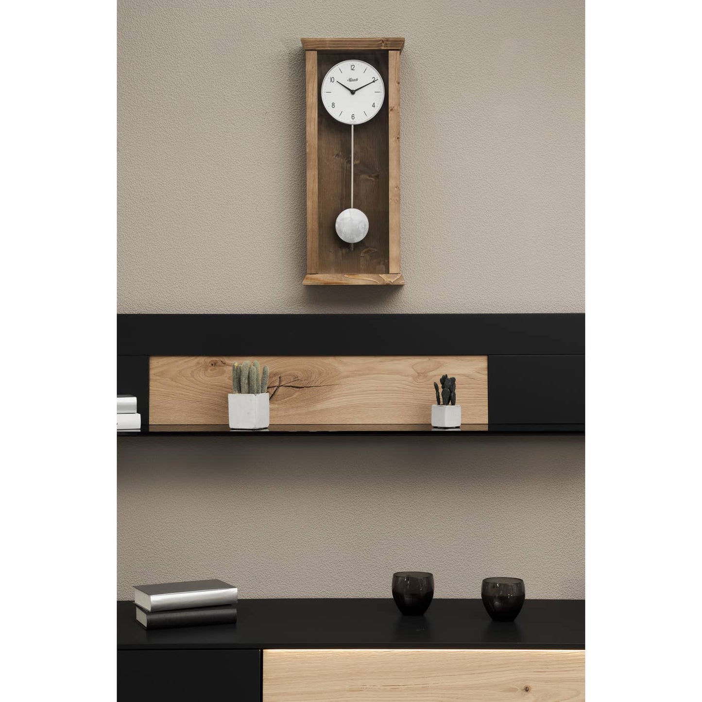 European Handmade clock Hermle Arden Oak. With chrome accessories and a quartz time.